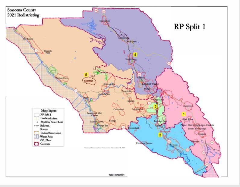 RP Split 1, one of the new maps discussed Monday, Nov. 29, 2021, by Sonoma County supervisors during a redistricting workshop. This newest map divides the city of Rohnert Park and downtown Santa Rosa. (Courtesy Sonoma County)