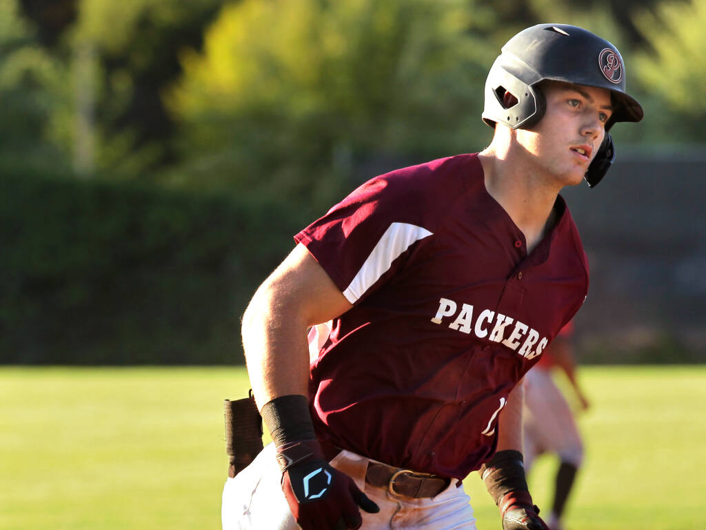 Healdsburg Prune Packers' Jared Sundstrom rounds third base after hitting a three run home run in the third inning against the Walnut Creek Crawdads in CCL baseball,  Tuesday, Aug.2, 2022, in Healdsburg. (Darryl Bush / For The Press Democrat file)
