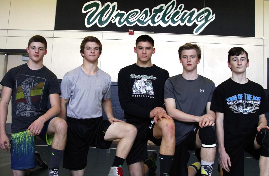 Bill Hoban/Index-TribuneSonoma Valley High is sending five wrestlers to the North Coast Section meet at Newark Memorial High School today and Saturday. From left are Ryan Sherwood, Tyler Winslow, Noah Bartolome, Dominick Biaggi and Macklyn Liss.