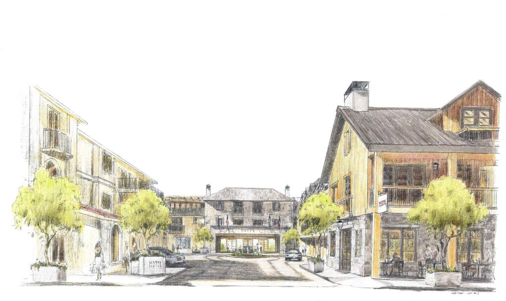 View up the driveway at West Napa St. to the Hotel Sonoma, as proposed by Kenwood Investments. The Umpqua Bank is at left, the proposed 80-seat restaurant to the right. Drawing is not to scale. (Keith Wicks Concept & Design)