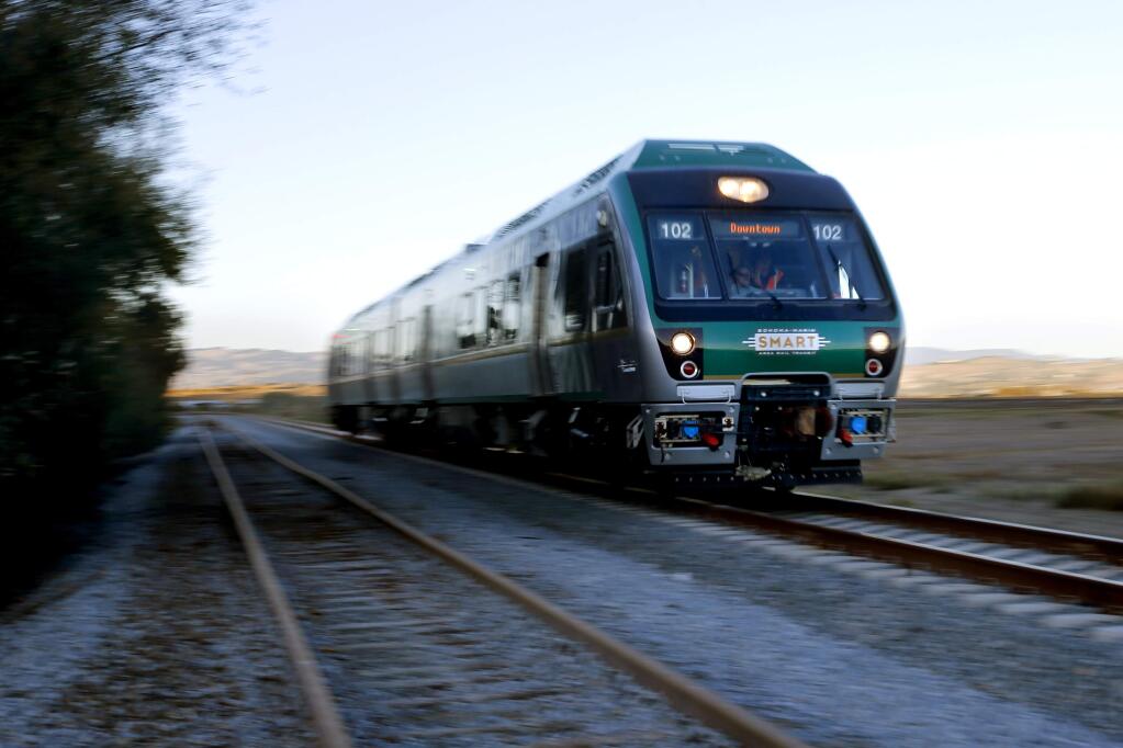 A SMART train moves along at 79 mph during testing along a section of track through the Novato Narrows. (BETH SCHLANKER / The Press Democrat, 2015)