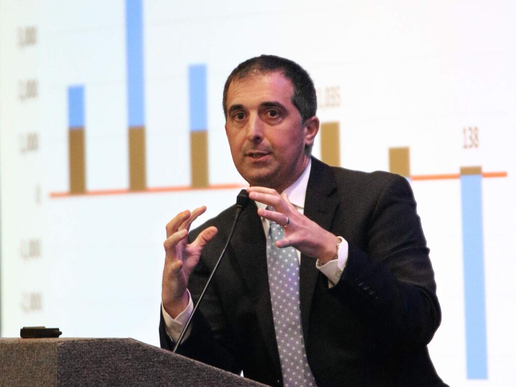 Sonoma State University economist Robert Eyler at a North Bay Business Journal conference in Santa Rosa on Tuesday, Feb. 19, 2019. (JEFF QUACKENBUSH / NORTH BAY BUSINESS JOURNAL)