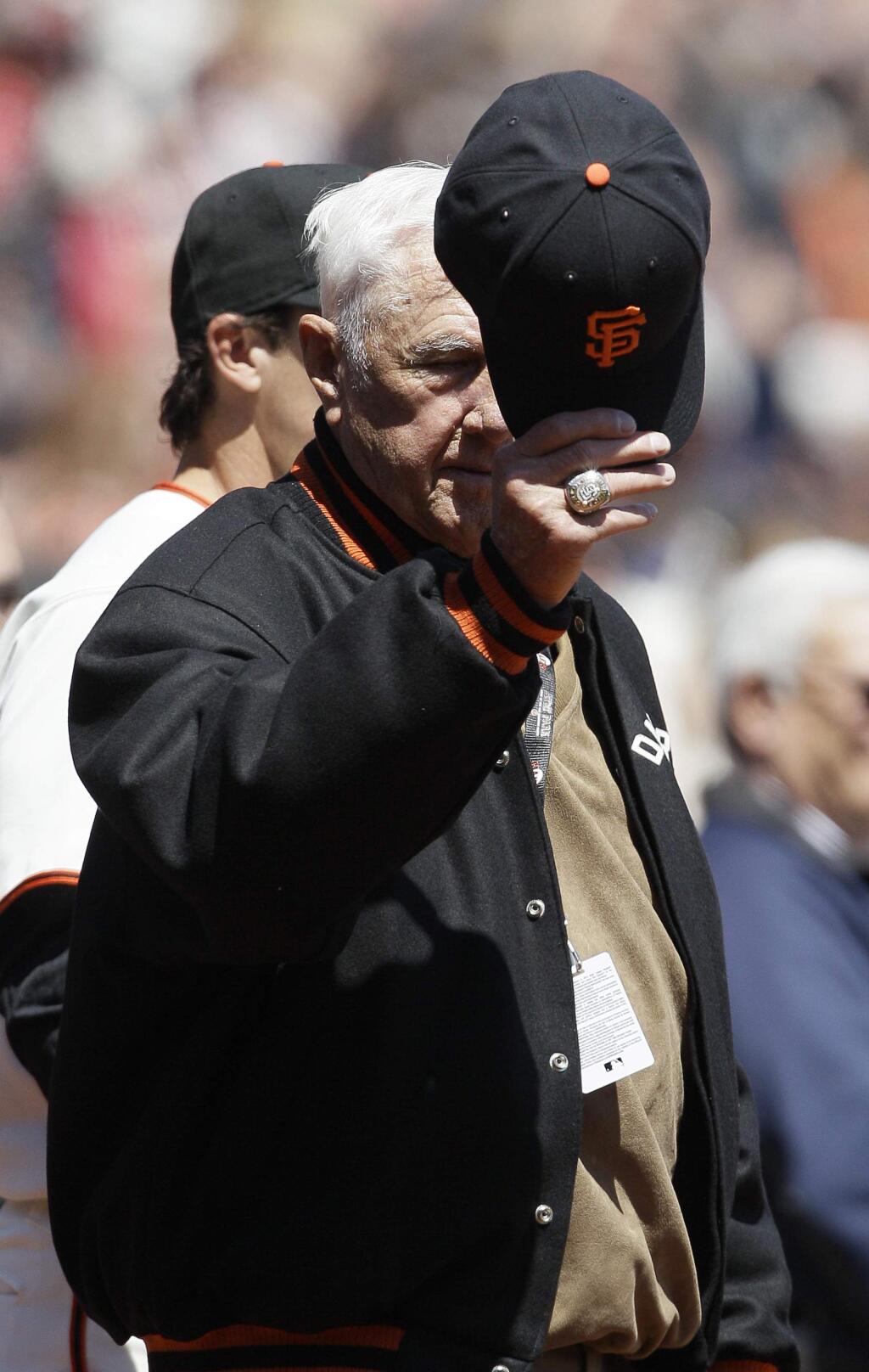 In this April 13, 2012, file photo, former San Francisco Giants player Jim Davenport is shown before a game between the Giants and the Pittsburgh Pirates. (AP Photo/Jeff Chiu, File)