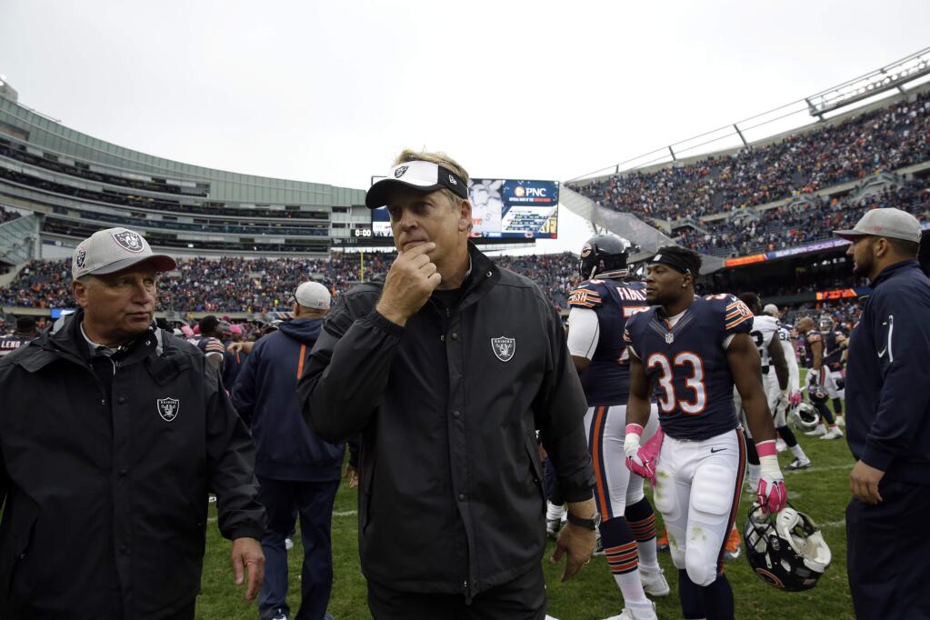 Oakland Raiders head coach Jack Del Rio walks off the field after an NFL football game against the Chicago Bears, Sunday, Oct. 4, 2015, in Chicago. The Bears won 22-20. (AP Photo/Nam Y. Huh)
