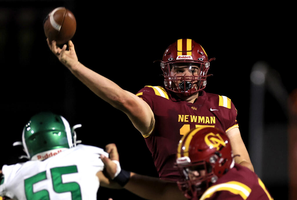 Cardinal Newman quarterback Matt Hilden pinpoints a receiver against St. Mary’s of Stockton, Friday, Sept. 23, 2022 in Santa Rosa. (Kent Porter / The Press Democrat) 2022