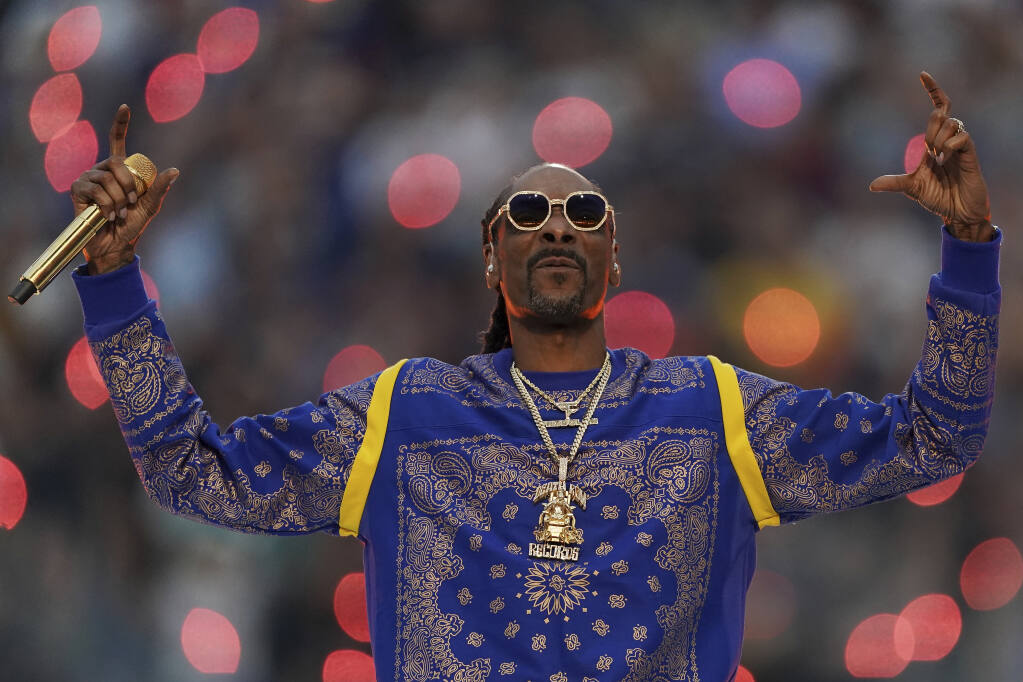 Snoop Dogg, photographed here performing during halftime of the game between the Los Angeles Rams and Cincinnati Bengals in Super Bowl 56, Sunday, Feb. 13, 2022 in Inglewood, Calif., is one of several opening day headliners at Blue Note Jazz Festival Napa Valley on Friday, July 29, 2022. (AP Photo/Doug Benc)