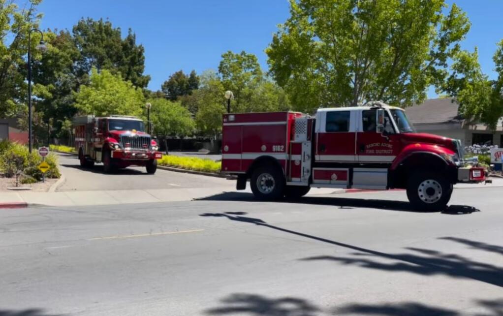 A screenshot from video showing Sonoma County Strike Team XSN-2376 Charlie off to fight the Oak Fire near Yosemite on Saturday, July 23, 2022. (Sonoma County Fire District / Facebook)