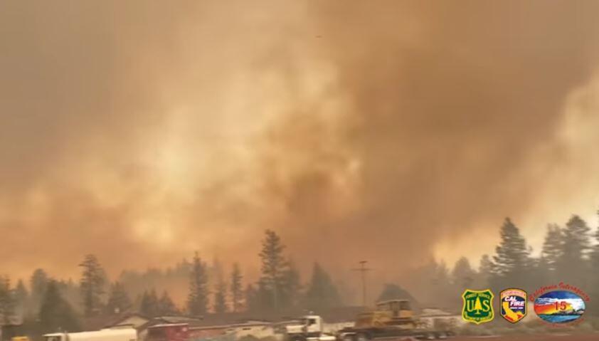 A screenshot from video by the U.S. Forest Service showing a fire whirl at the Tennant fire in Klamath National Forest. (Rachel Smith / Klamath National Forest-USFS)