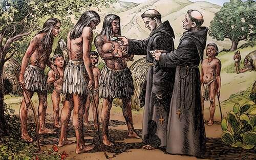An illustration at the Mission Basilica San Diego depicting a neophyte-infant baptism, circa 1769.