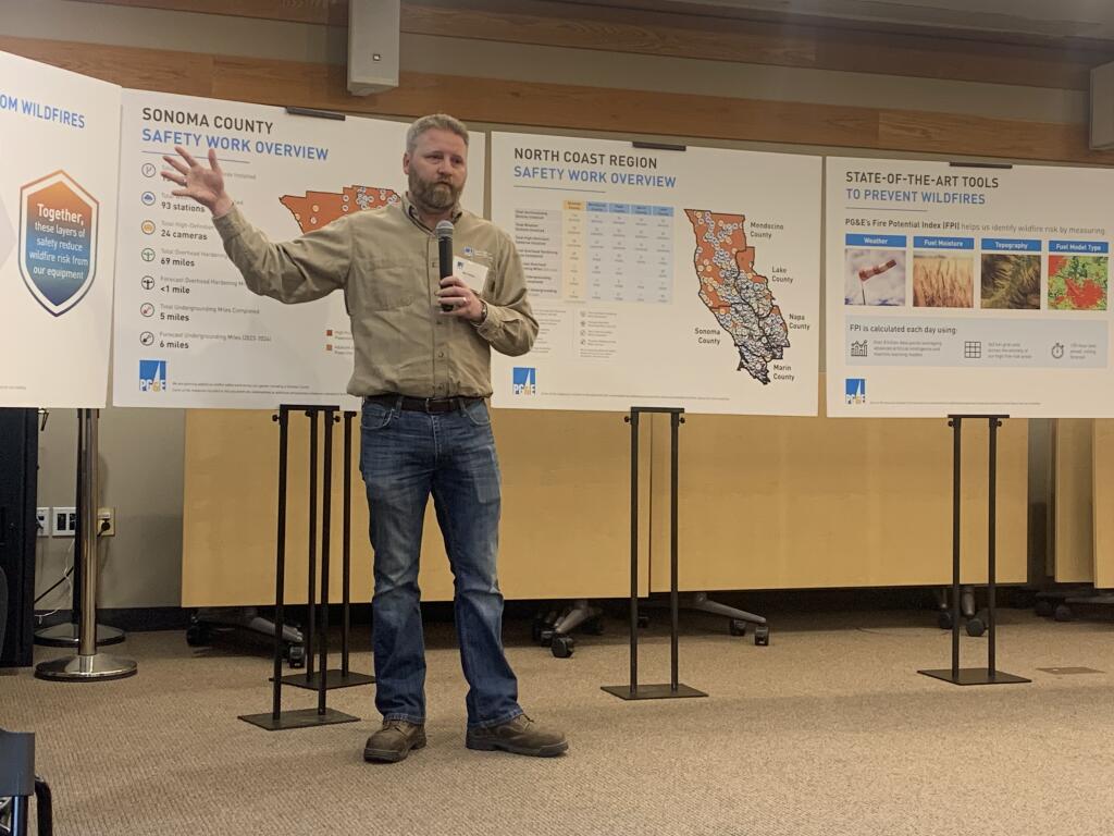 Matt Pender, Pacific, Gas & Electric Co's senior director of underground strategy and programs, discuss plans to install utility lines underground. He spoke during a town hall meeting at Rincon Valley Regional Library in Santa Rosa Thursday, June 8, 2023. (Colin Atagi)