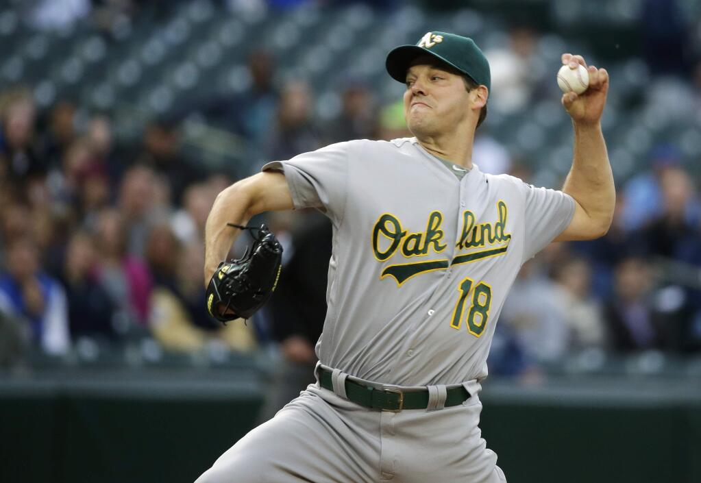 Oakland Athletics Oakland Athletics starting pitcher Rich Hill throws in the first inning of a baseball game against the Seattle Mariners, Monday, May 23, 2016, in Seattle. (AP Photo/Ted S. Warren)