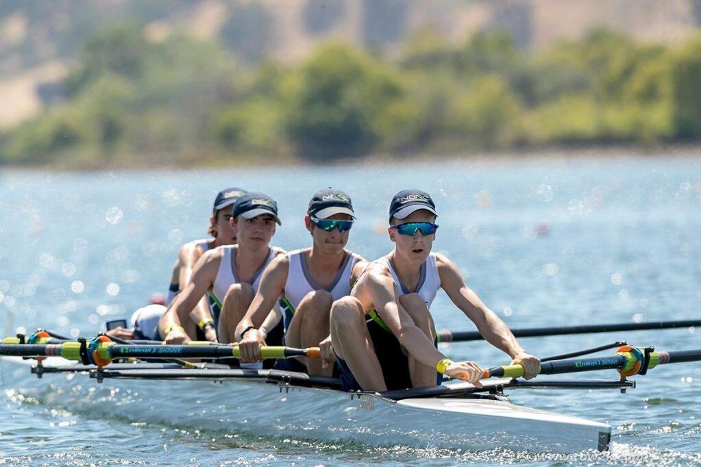 ROW2K,COM PHOTOThe North Bay Rowing Club's Men's Lightweight Four crew - Miko Brown,m Parick McDermott, Ben Kropelnicki and Michael McDermott, along with coxwain Ren Demsher) - took 13th place in the USRowing Youth National Championships.