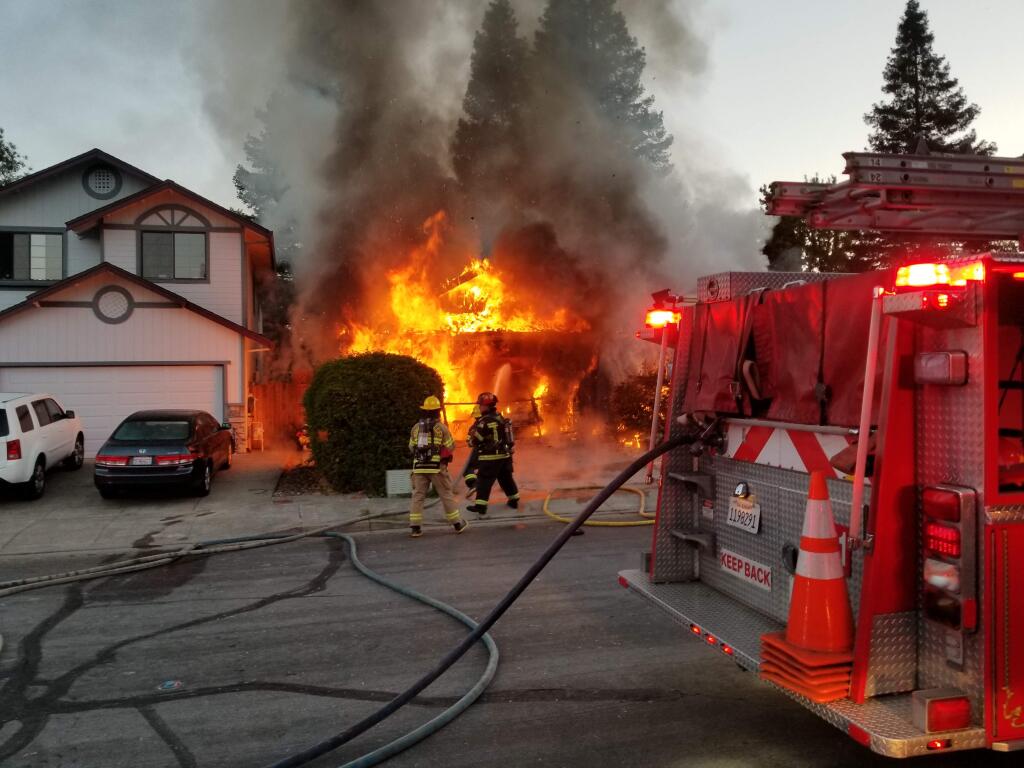 A fire off of Arata Lane in Windsor on Saturday, June 16, 2018, destroyed a garage, made a home uninhabitable and displaced four residents. (Ron Busch / Rincon Valley and Windsor fire protection districts)