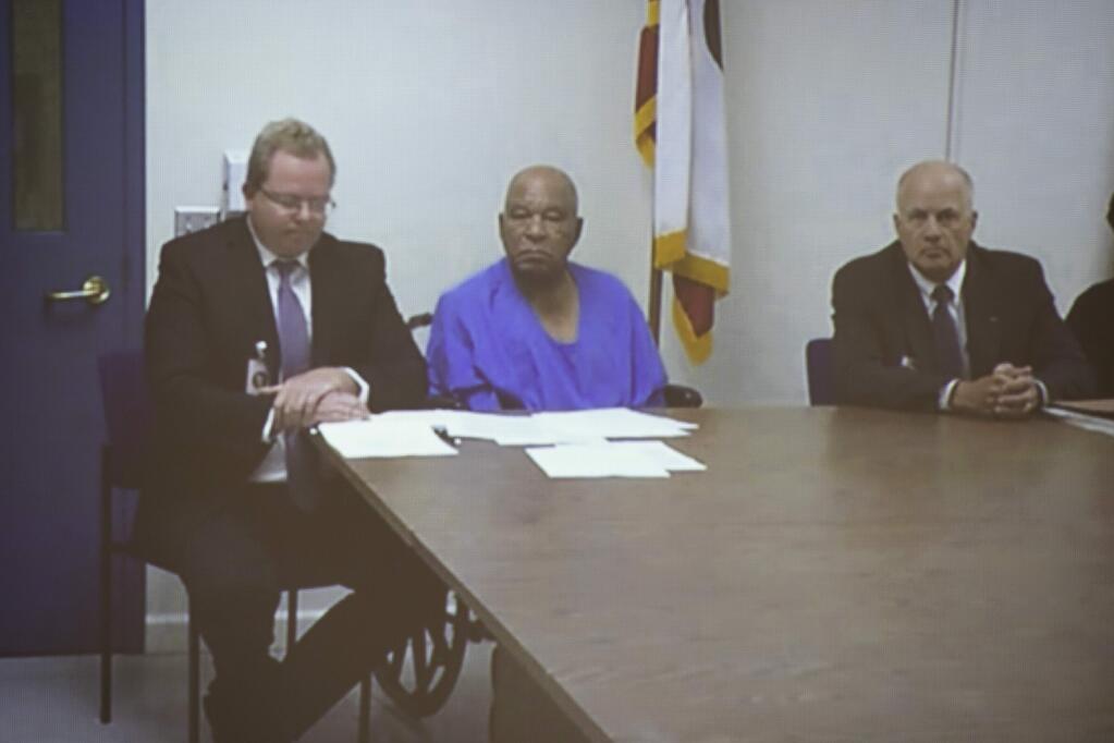 Samuel Little pleas guilty to killing two women in Cincinnati in the 1980s while appearing via Skype from the California state prison to the Hamilton County Courthouse in Cincinnati on Friday, Aug. 23, 2019. Authorities have said they have confirmed at least 60 of the 93 slayings he says he committed in 14 states while he crisscrossed the country for decades. (Albert Cesare /The Cincinnati Enquirer via AP)