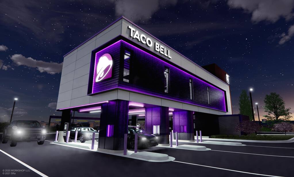 “Trying to break the standards of construction and queuing in a car, the design of Taco Bell Defy features four lanes in the drive-thru, with the kitchen on the second story,” explains Oliver Graves. (COURTESY OF TACO BELL)