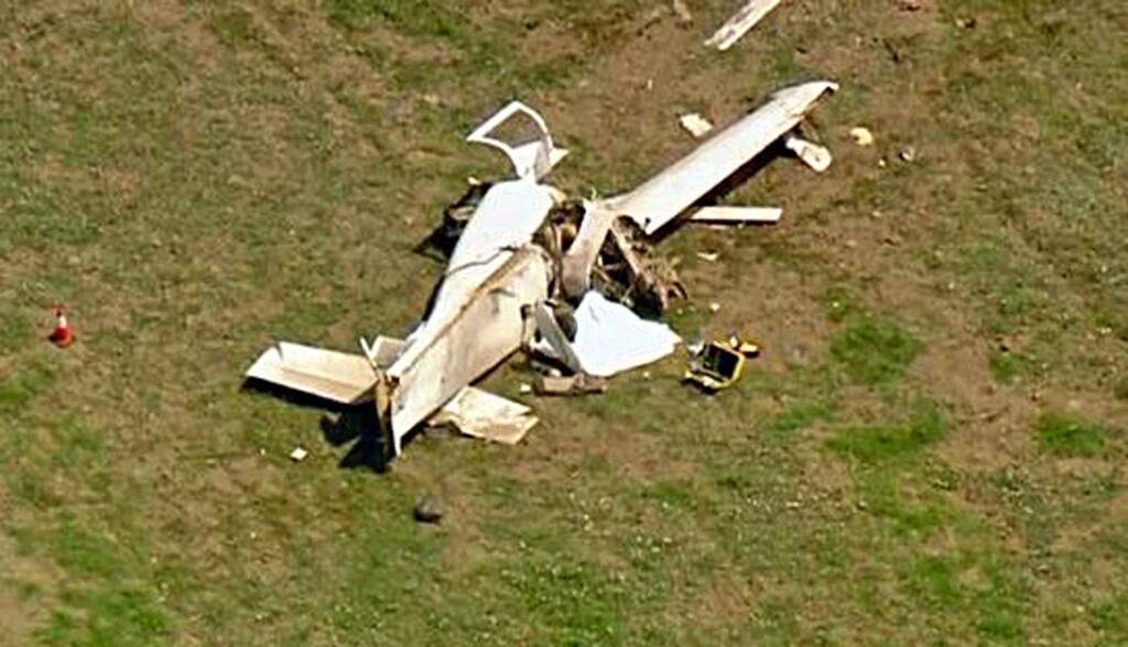This photo made from video provided by KTTV Fox11 News shows the wreckage of a single-engine plane that crashed at Camarillo, Calif., Airport, killing a few people Wednesday, Aug. 7, 2019. Federal Aviation Administration spokesman Ian Gregor says the homebuilt Express Series 2000 crashed Wednesday under unknown circumstances just short of a runway at the airport. (KTTV Fox11 News via AP)