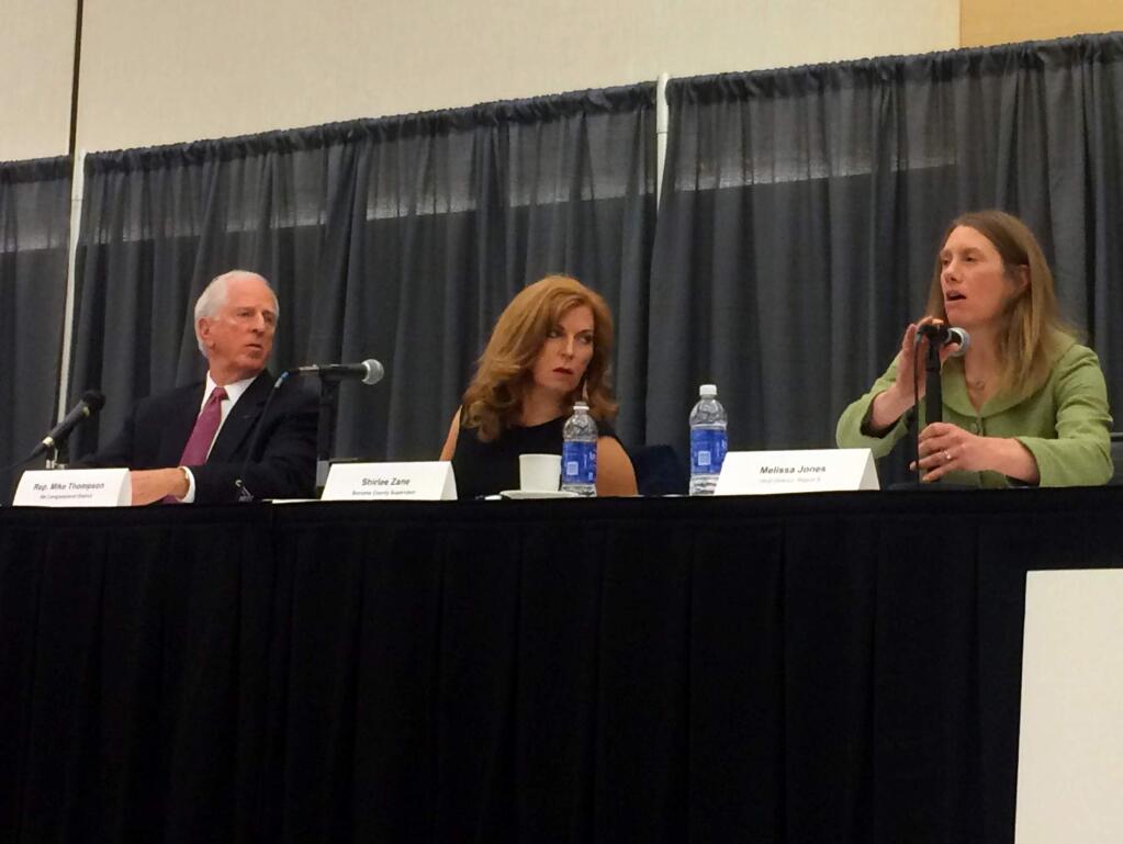 From left, Rep. Mike Thompson, Sonoma County Supervisor Shirlee Zane and Melissa Jones, regional director for the U.S. Department of Health and Human Services, address a forum on substance abuse and the dangers of self-medication on Tuesday, March 8, 2016 at Sonoma State University. ( CHRISTI WARREN / Press Democrat )