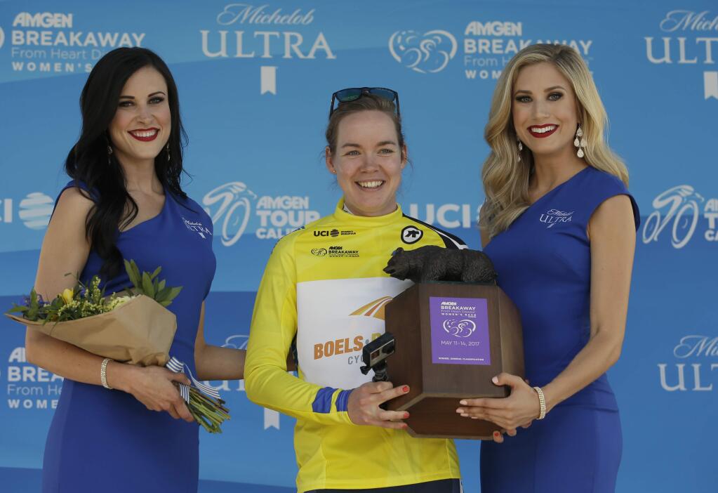 Anna van der Breggen smiles during the awards presentation after she won the Women's Amgen Tour of California cycling race, Sunday, May 14, 2017,in Sacramento, Calif. (AP Photo/Rich Pedroncelli)