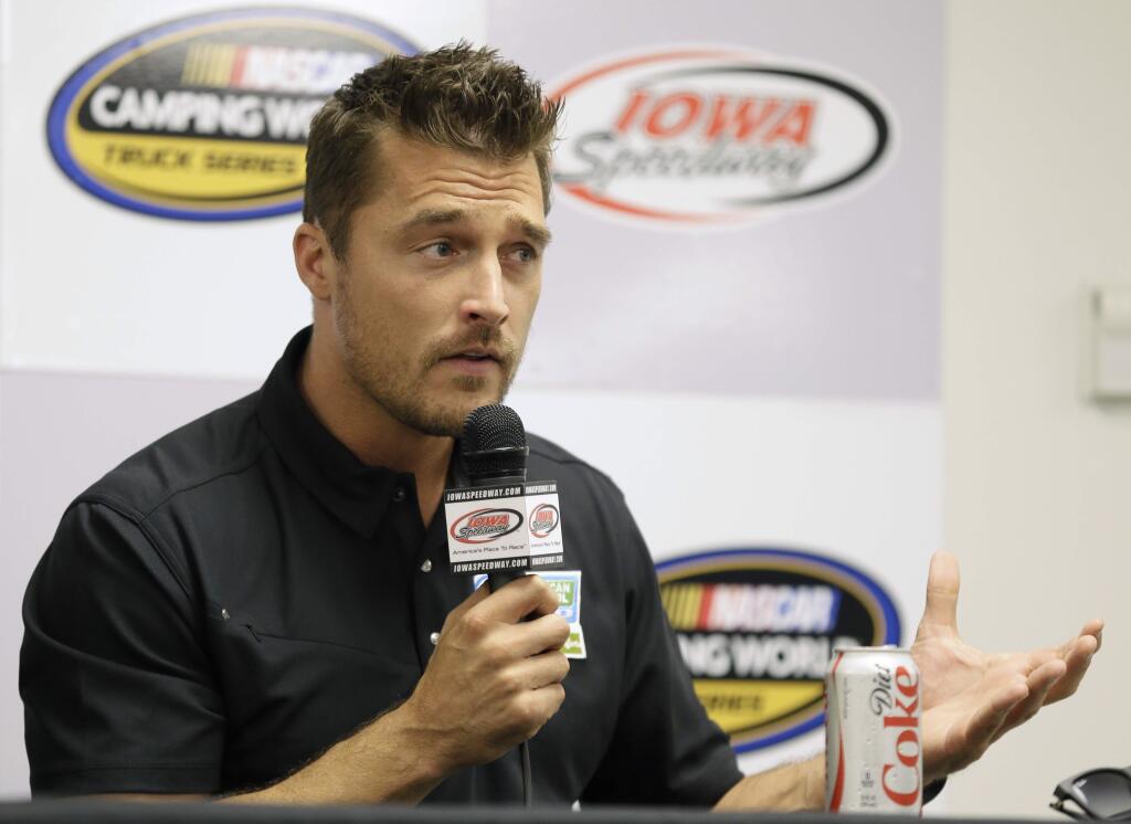 FILE - In this June 19, 2015, file photo, Iowa farmer Chris Soules, a former star of ABC's 'The Bachelor,' speaks during a news conference before a NASCAR event in Newton, Iowa. Soules was booked early Tuesday, April 25, 2017, after his arrest on a charge of leaving the scene of a fatal accident near Arlington, Iowa. Police said he fled the scene of a fatal traffic accident. (AP Photo/Charlie Neibergall, File)