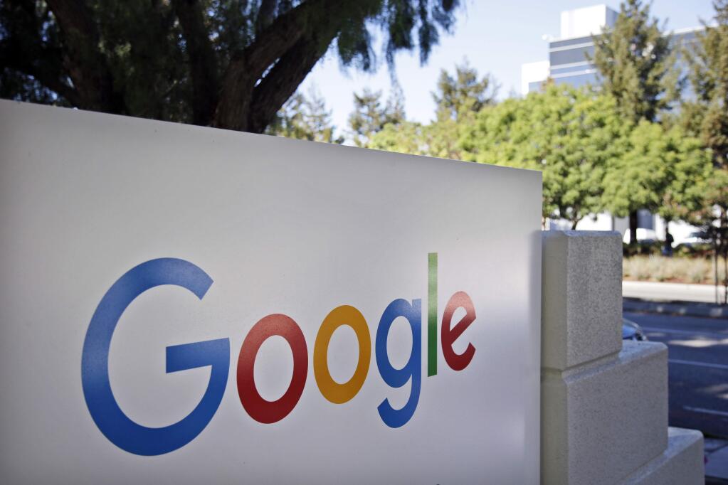 This Oct. 20, 2015 photo shows signage outside Google headquarters in Mountain View, Calif. (AP Photo/Marcio Jose Sanchez)