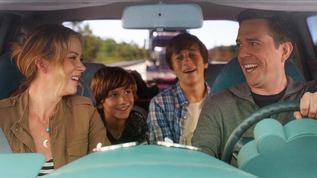 Ed Helms plays Clark Griswold's son, Rusty, with Christina Applegate as his wife and Steele Stebbins and Skyler Gisondo as their sons in 'Vacation.' (Warner Bros.)