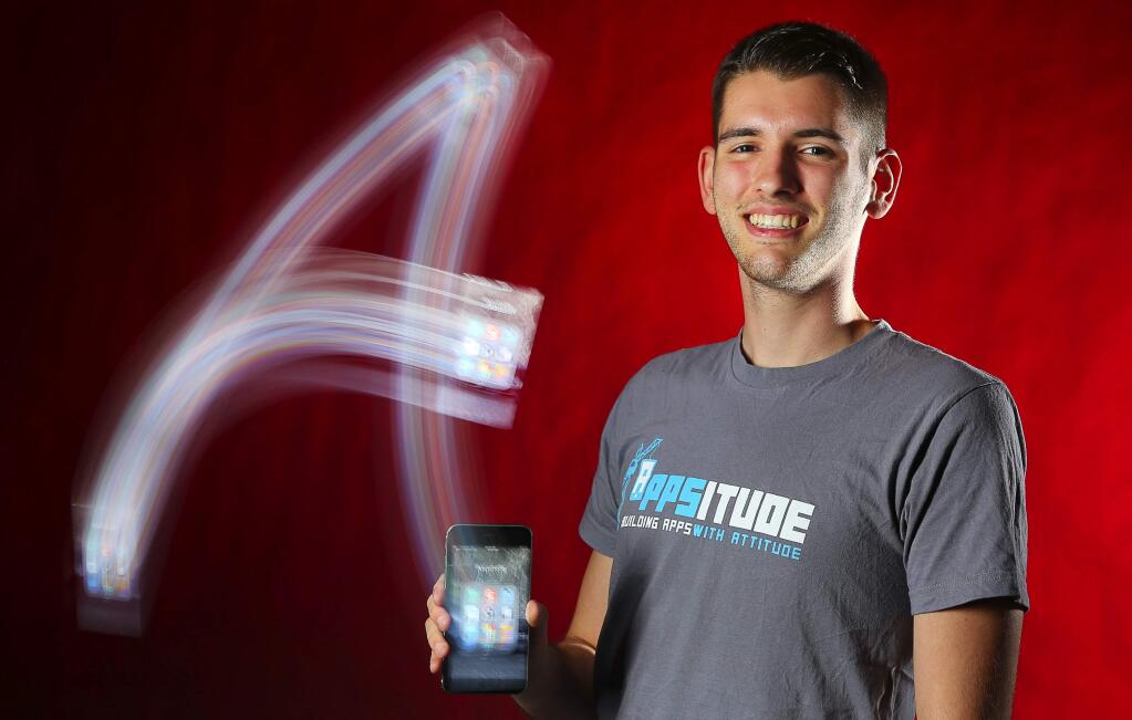 Chris Kelsey left Maria Carrillo High School during his senior year, in December 2014, to start his company, Appsitude. The firm develops apps, websites and marketing. (Christopher Chung/ The Press Democrat)