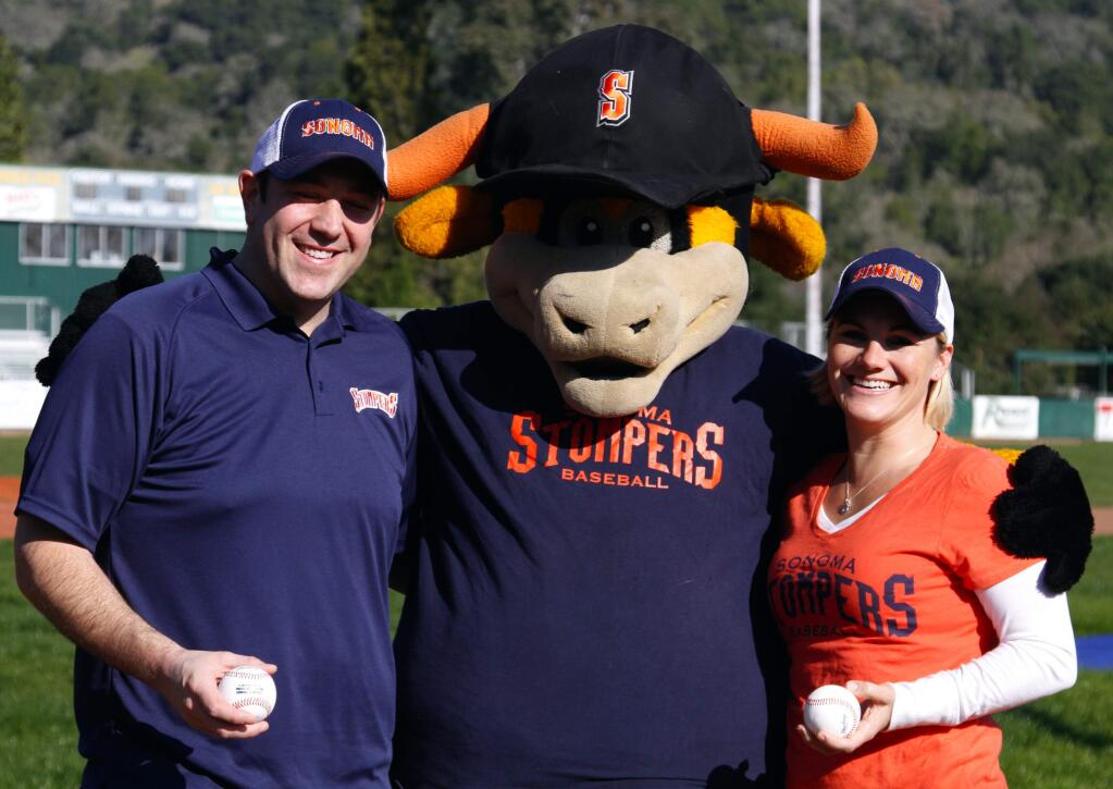 Bill Hoban/Index-TribneEric and Lani Gullotta meet Rawhide, the Sonoma Stompers mascot. The Gullottas are the new owners of the Stompers.