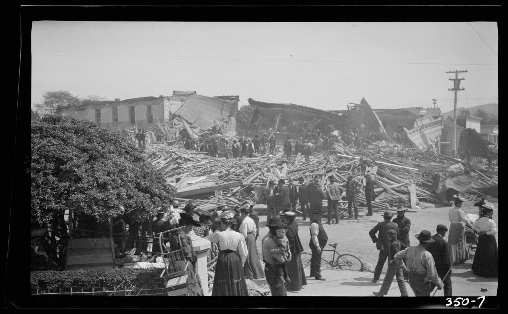 Onlookers assess the destruction in Santa Rosa left in the wake of the 1906 earthquake. (Jack London, courtesy of California State Parks, 2016)