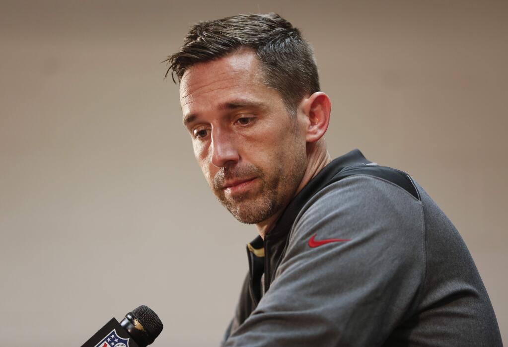 San Francisco head coach Kyle Shanahan speaks to members of the media following a game against the Washington Redskins, Sunday, Oct. 15, 2017, in Landover, Md. (AP Photo/Pablo Martinez Monsivais)