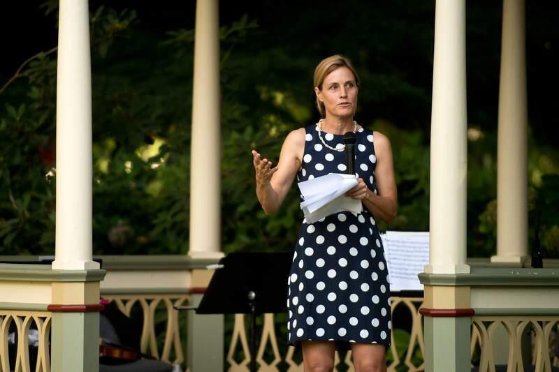 Sonoma County Museum Executive Director Diane Evans addresses gathered supporters during Museum at the McDonald Mansion, a fundraiser for the Sonoma County Museum's history and collections programs, in Santa Rosa, Calif., on August 17, 2013. (Alvin Jornada / For The Press Democrat)