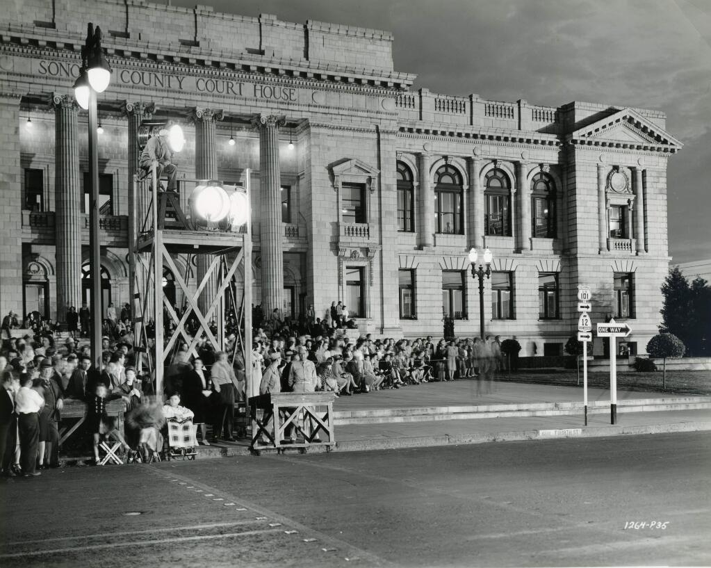 Crowds gathered for many different occasions on the terrace of Santa Rosas courthouse. This 1942 photo shows a crowd watching the filming of a street scene in Alfred Hitchcock's “Shadow of a Doubt.” From 'Santa Rosa, a 20th Century Town.'