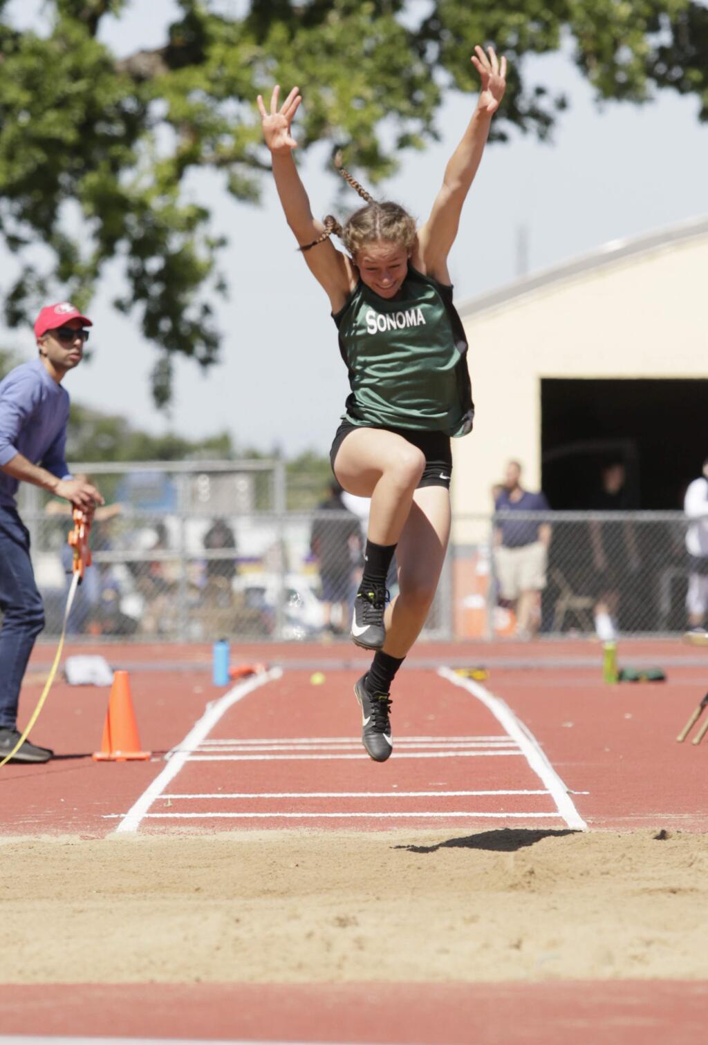 Bill Hoban/Index-TribuneSonoma's Kaylie Barrera gets ready to stick a landing in the triple jump at Saturday's NCS Meet. Barerra and Emma Maggioncalda qualified for the Meet of Champions this weekend in Berkeley.