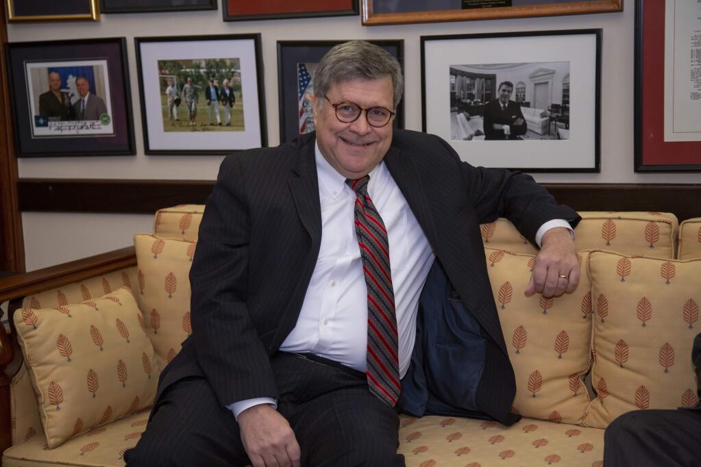 In this Jan. 9, 2019, photo, President Donald Trump's attorney general nominee, William Barr, meets with Sen. Lindsey Graham, R-S.C., on Capitol Hill in Washington. As attorney general a quarter century ago, William Barr promoted more police and prisons to address violence ravaging American cities. He bemoaned a 'moral crisis” and rising secularism. (AP Photo/J. Scott Applewhite)