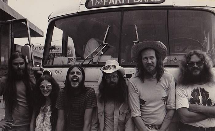 Farm Band posing in front of Scenicruiser, circa 1978. From left:  Mike Sullens, Linda Herchfield, Dave Chalmers, Tom Dotzler, Stephen Gaskin, Walter Rabideau. (Photo by David Frohman)