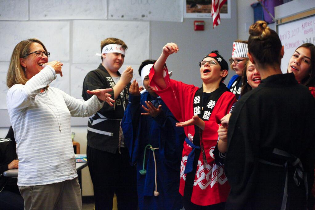 Petaluma, CA, USA. Monday, April 03, 2017._ Nancy Blake teaches a drama class at Kenilworth Jr HS. The students rehearse a scene in an Asian folk story and they plan to do Shakespeare as well.(CRISSY PASCUAL/ARGUS-COURIER STAFF)