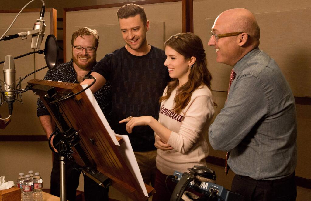 From left: 'Trolls' co-director Walt Dohrn with stars Justin Timberlake and Anna Kendrick, and director Mike Mitchell in the recording studio at DreamWorks Animation in Glendale. Kendric is the voice of Poppy, the optimistic leader of the trolls, and Timberlake is the voice of Branch, her polar opposite, who embark on an adventure that takes them far beyond the only world they've ever known. (JASON BUSH/ DREAMWORKS ANIMATION LLC)