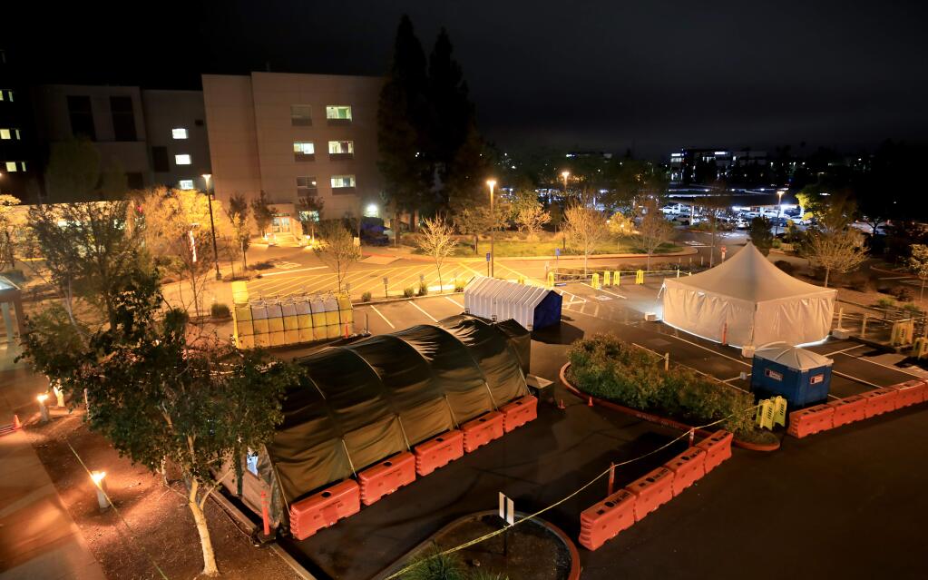 Surge tents for coronavirus victims at Kaiser Hospital in Santa Rosa remain empty, Thursday, April 17, 2020. (Kent Porter / The Press Democrat)