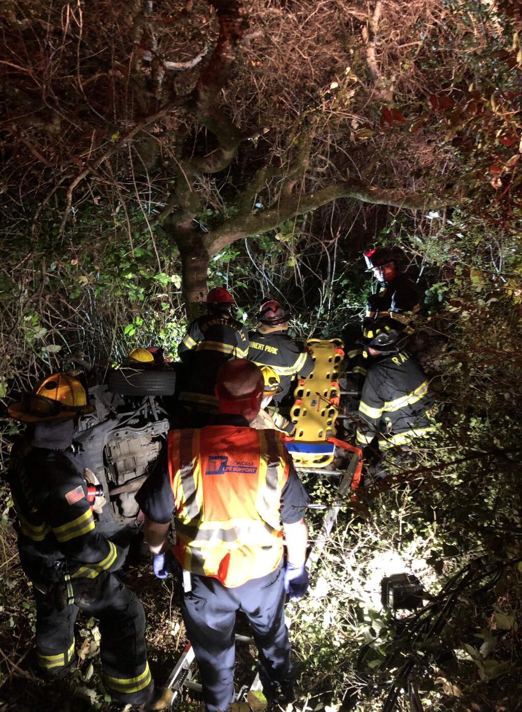 Emergency crews rescue a driver after a crash on Crane Canyon Road on Wednesday, Oct. 10, 2018. (COURTESY OF RANCHO ADOBE FIRE CAPTAIN JIMMY BERNAL)