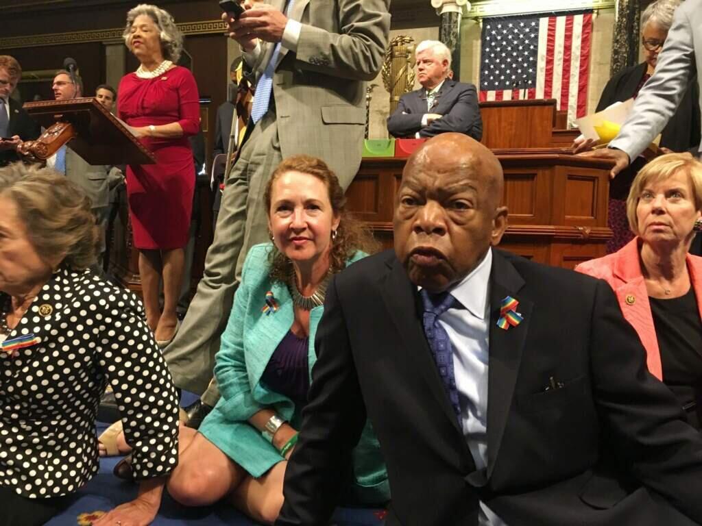 Members of Congress, including Rep. John Lewis, D-Ga., participate in sit-down protest seeking a a vote on gun control measures.