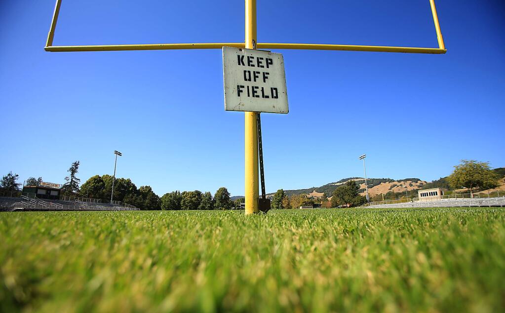 The Maria Carrillo football and soccer field is off limits to everyone due to the poor condition of the field, Wednesday Sept. 14, 206 in Santa Rosa There are plans underway to convert the field over to artificial turf. (Kent Porter / The Press Democrat) 2016