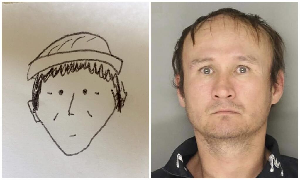 This combination of photos provided by the Lancaster City Bureau of Police in Lancaster, Pa., shows a 2018 sketch drawn by an unnamed witness, left, of a suspect in the Jan. 30, 2018, theft of an undisclosed amount of cash from a farmers market in Lancaster, Pa.; and a July 11, 2017, photo of Hung Phuoc Nguyen, right, identified by police as the suspect in the theft. The witness provided the simple hand-drawn, black-and-white sketch to officers, and police say while the drawing was cartoonish it helped remind an investigator of a potential suspect. WHP-TV reports a photo of the suspect was given to the witness, who made a positive identification. (Lancaster City Bureau of Police via AP)