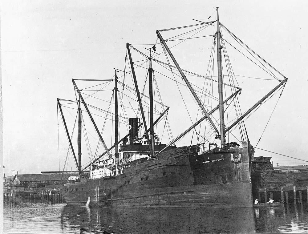 SS Dorothy Wintermote unloading a cargo of lumber at the port of San Francisco, California on April 21, 1932. (Credit: San Francisco Maritime Historical Park, John Proctor Collection)