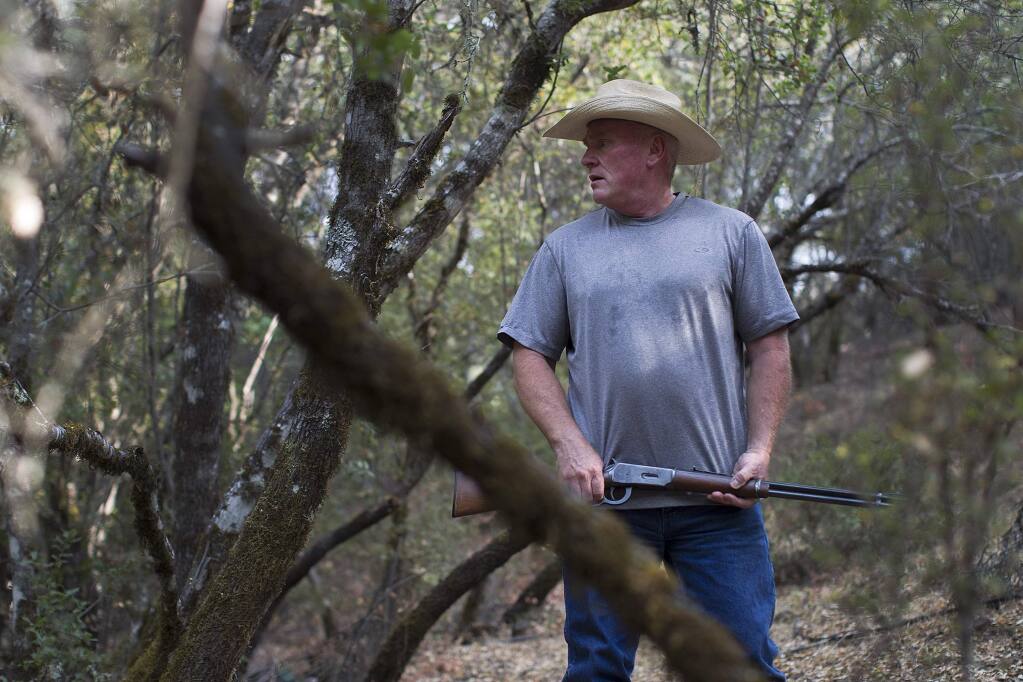 Rancher Rob Brown scourers parts of his 300-acre property in Lake County for illegal marijuana plants. (GINA FERAZZI / Los Angeles Times, 2014)