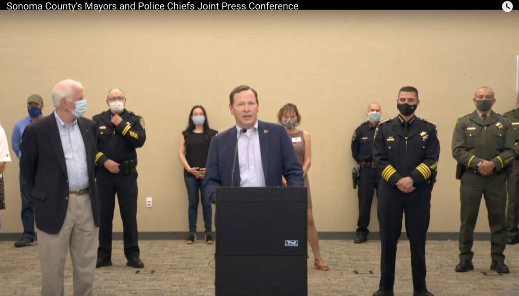 A screenshot from a joint press conference with mayors and police chiefs in Sonoma County on Wednesday, June 10, 2020.