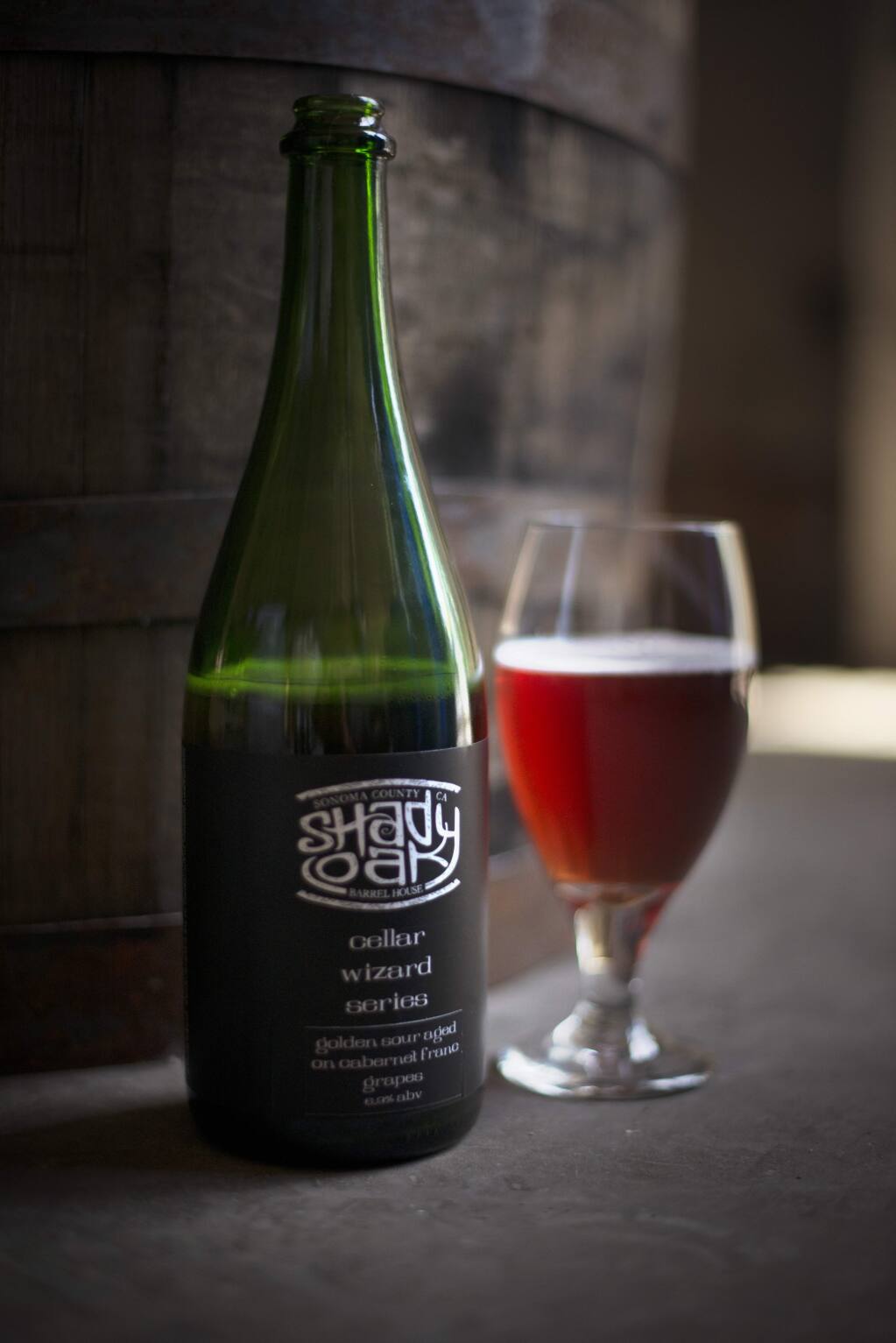 A bottle of Shady Oak Barrel House Cellar Wizard Series of Golden Sour Aged on Cabernet Franc Grapes at the brewery's new location on First Street in downtown Santa Rosa. May 17, 2017. (Photo: Erik Castro/for The Press Democrat)