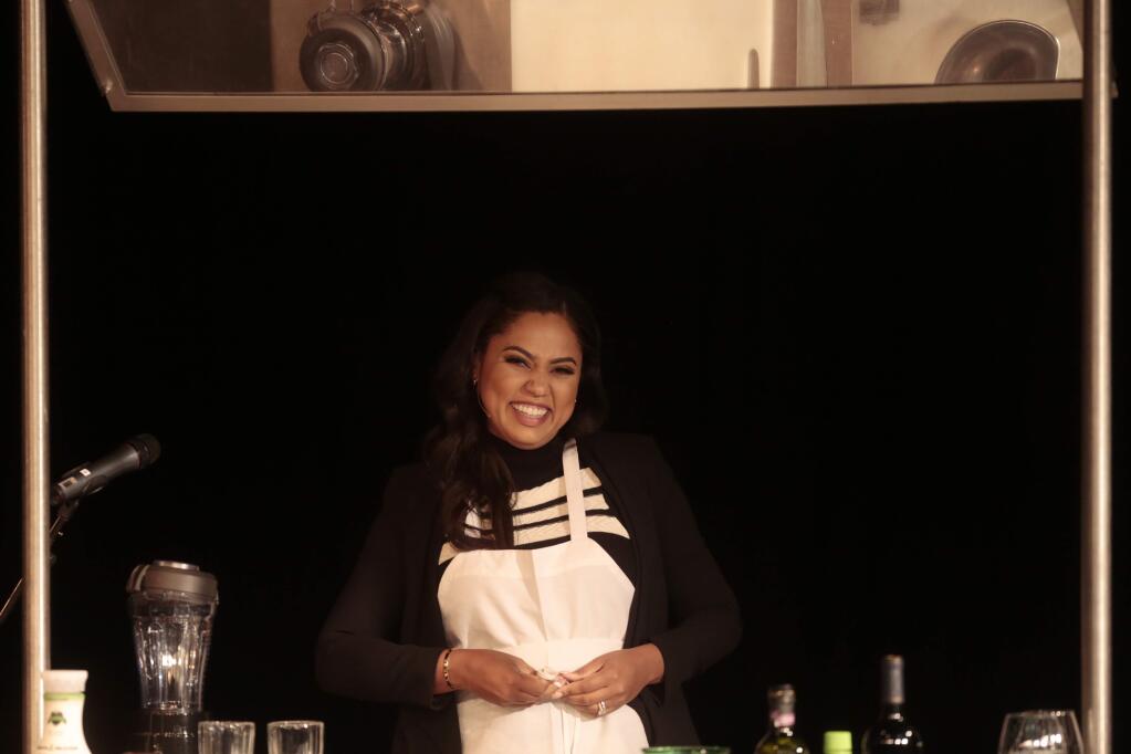 Author and chef Ayesha Curry during a cooking demo with chef John Ash during a Women in Conversation series event at Luther Burbank Center for The Arts on Friday, October 7, 2016 in Santa Rosa, California. (RAMIN RAHIMIAN for The Press Democrat)