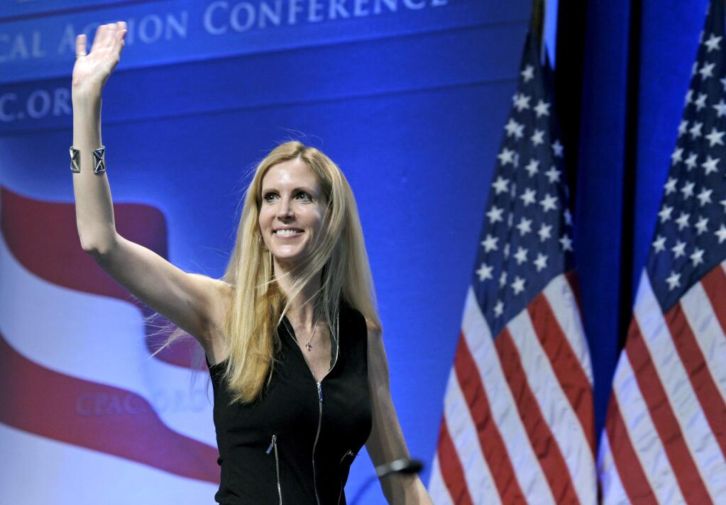FILE - In this Feb. 12, 2011 file photo, Ann Coulter waves to the audience after speaking at the Conservative Political Action Conference (CPAC) in Washington. (AP Photo/Cliff Owen, File)
