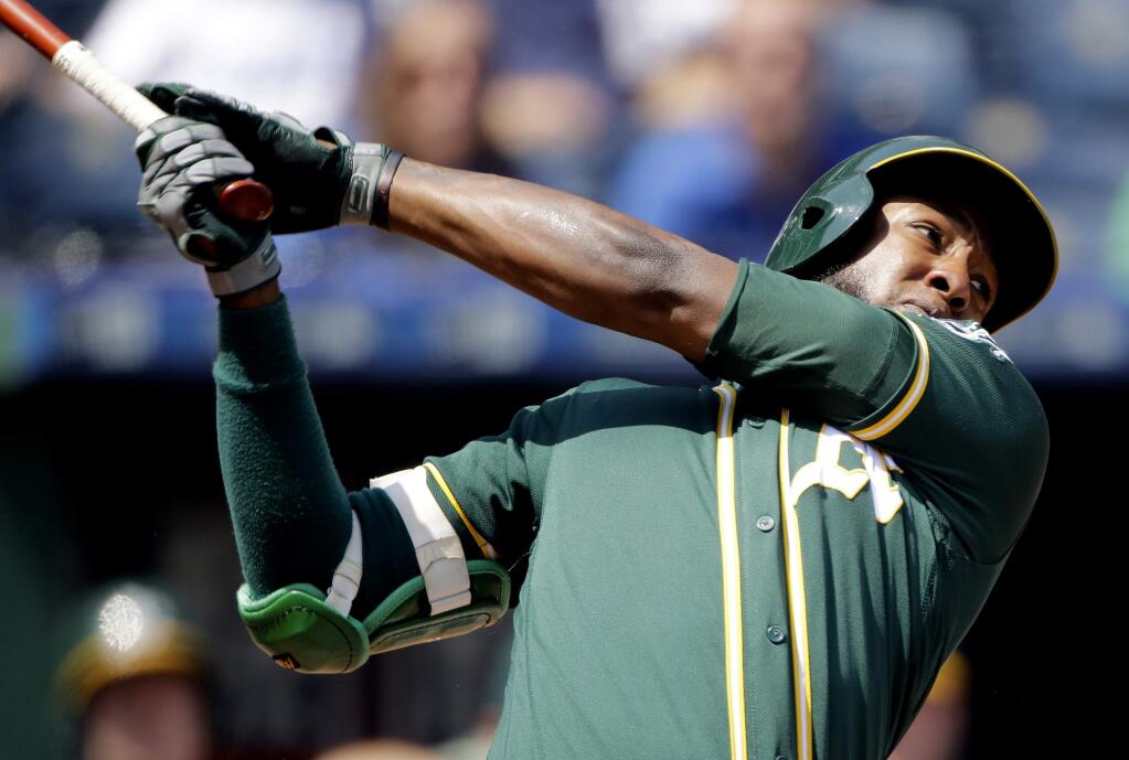 FILE - In this Aug. 29, 2019, file photo, Oakland Athletics' Jurickson Profar watches his two-run home run during the fourth inning of a baseball game against the Kansas City Royals in Kansas City, Mo. Switch-hitting second baseman Profar has been acquired by the San Diego Padres from the Athletics in exchange for catcher Austin Allen and a player to be named. The trade was announced Monday, Dec. 2, 2019, with the baseball winter meetings in San Diego less than a week away. (AP Photo/Charlie Riedel, File)