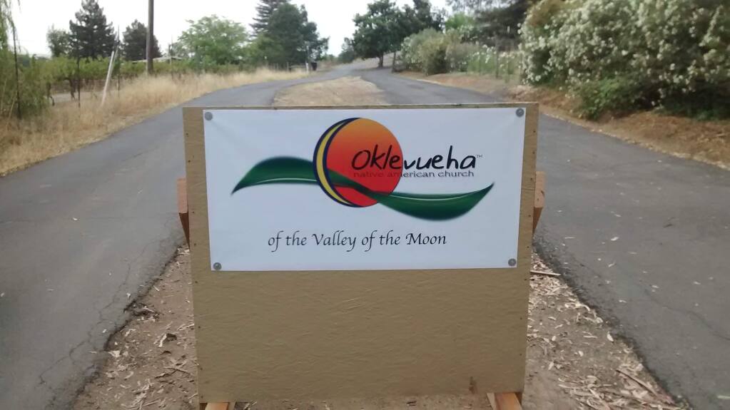 A sign at the entrance to the property on Lawndale Drive in Kenwood for a branch of the Oklevueha Native American Church. (Courtesy photo)