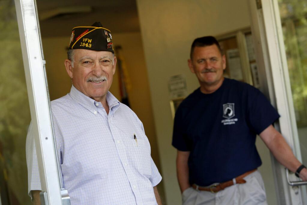 Ret. Navy Capt. Bob Piazza, left, the Judge Advocate of VFW Post 1943, and Air Force veteran Terry Leen, the Vice Chairman of the Sonoma County Veterans Advisory Committee, at the Sonoma Valley Veterans War Memorial building in 2015. (Press Democrat file photo)